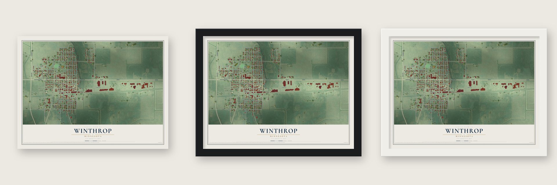 Winthrop, Minnesota map unframed, in a black wood frame and in a white wood frame