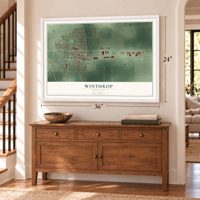 Winthrop, Minnesota map, 24 x 36 inch print in a white frame above a dresser by a staircase