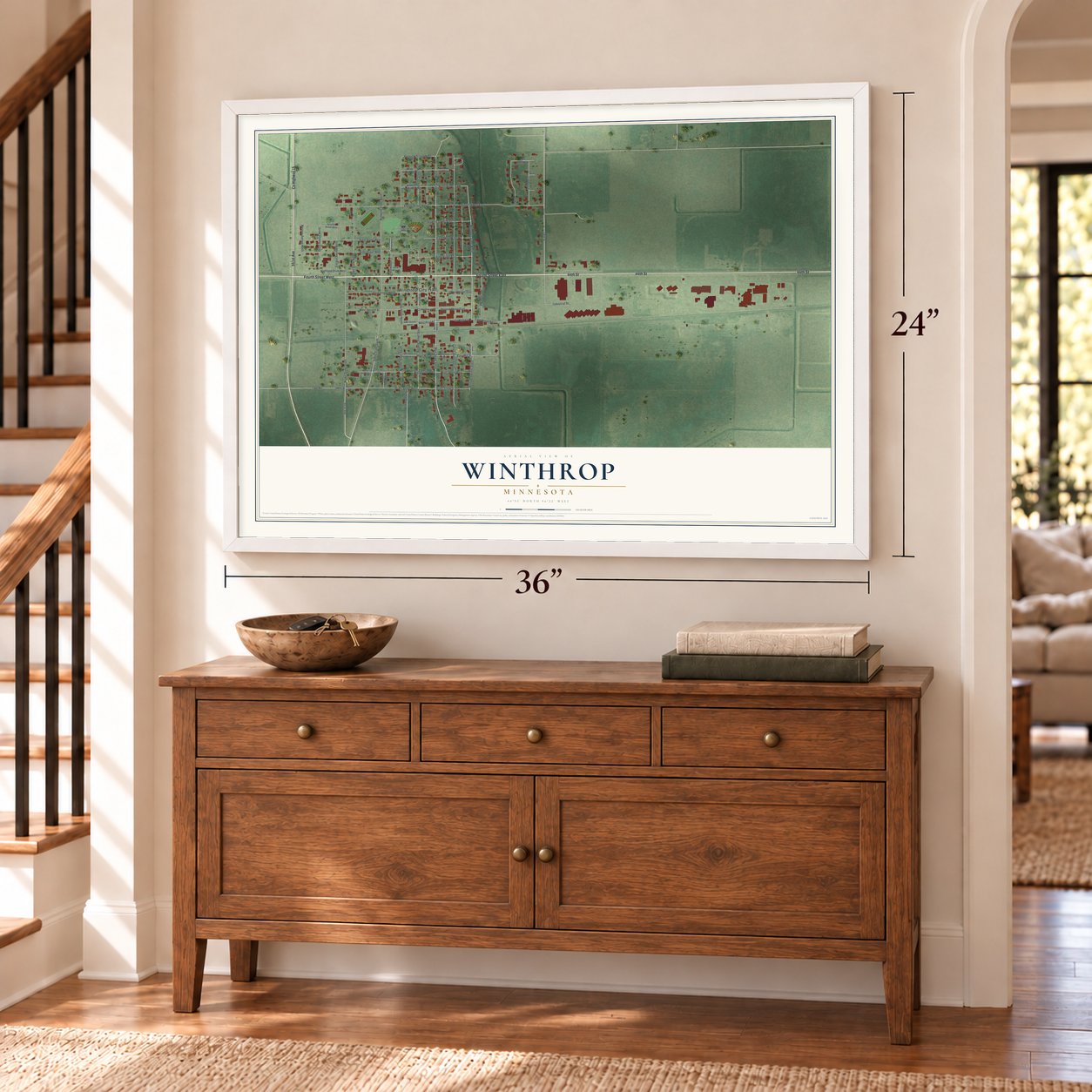 Winthrop, Minnesota map, 24 x 36 inch print in a white frame above a dresser by a staircase