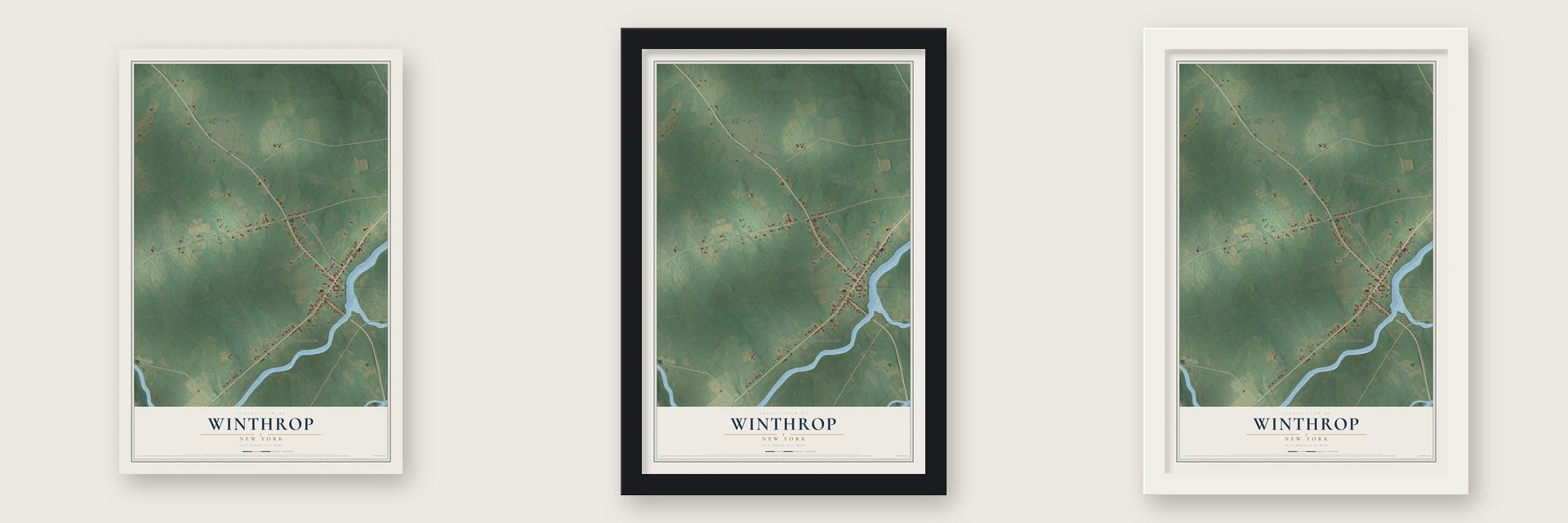 Winthrop, New York map unframed, in a black wood frame and in a white wood frame