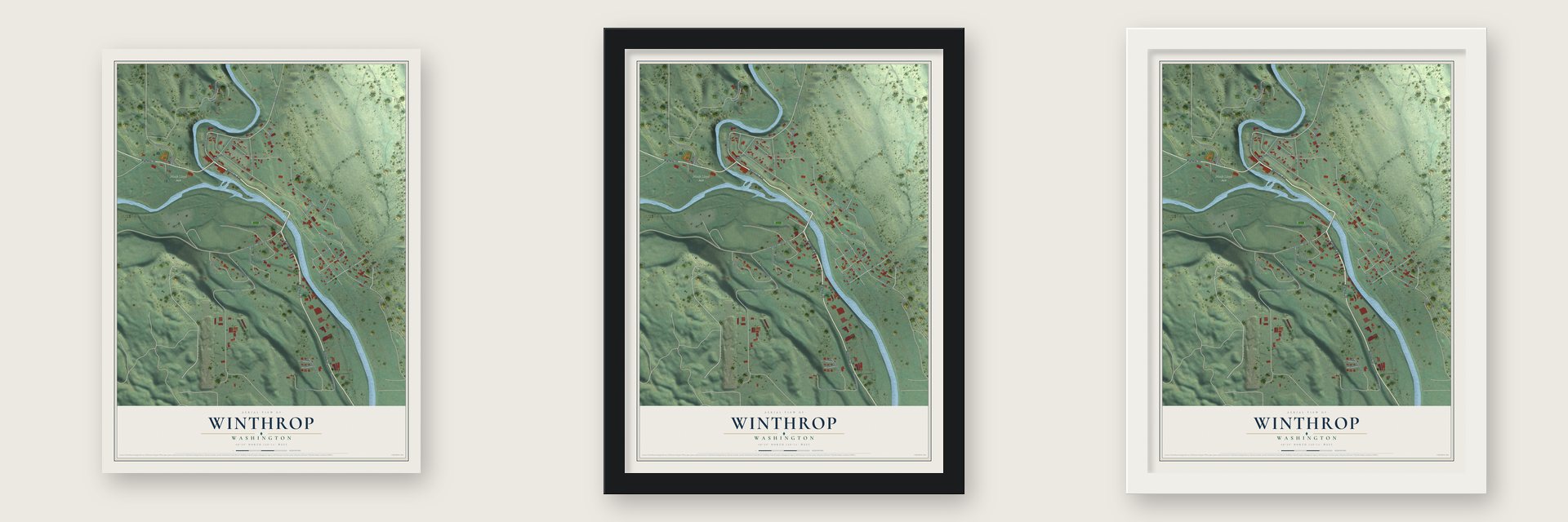 Winthrop, Washington map unframed, in a black wood frame and in a white wood frame