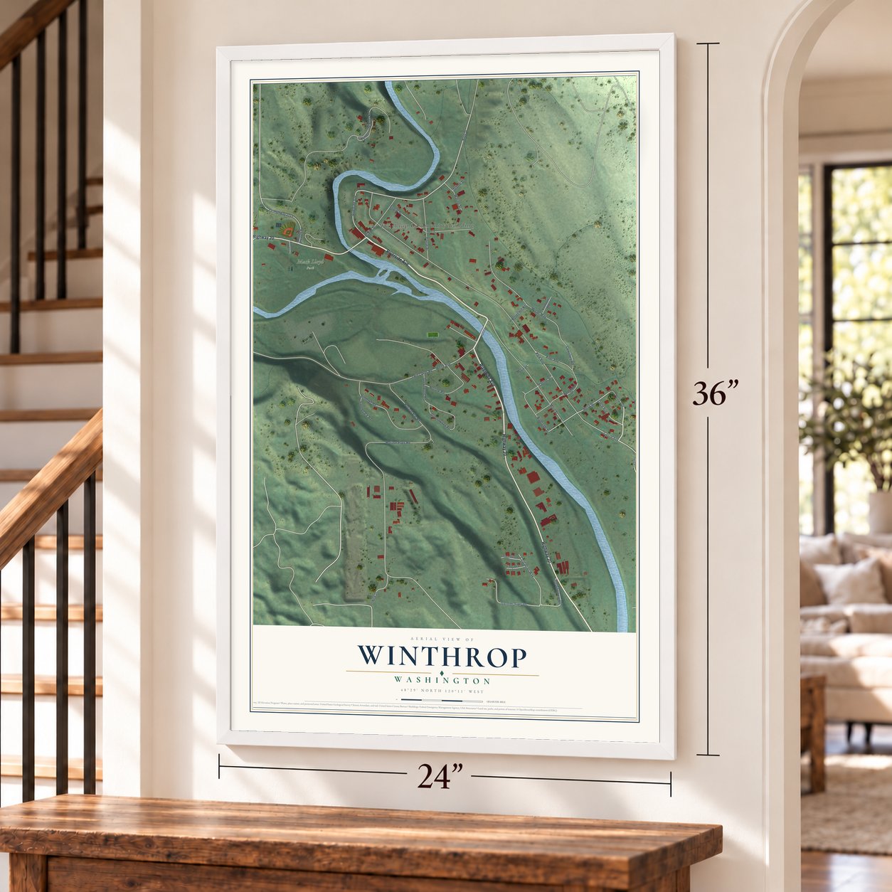 Winthrop, Washington map, 24 x 36 inch print in a white frame by a staircase