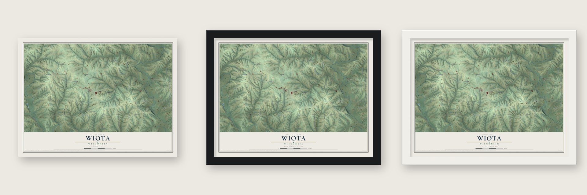Wiota, Wisconsin map unframed, in a black wood frame and in a white wood frame
