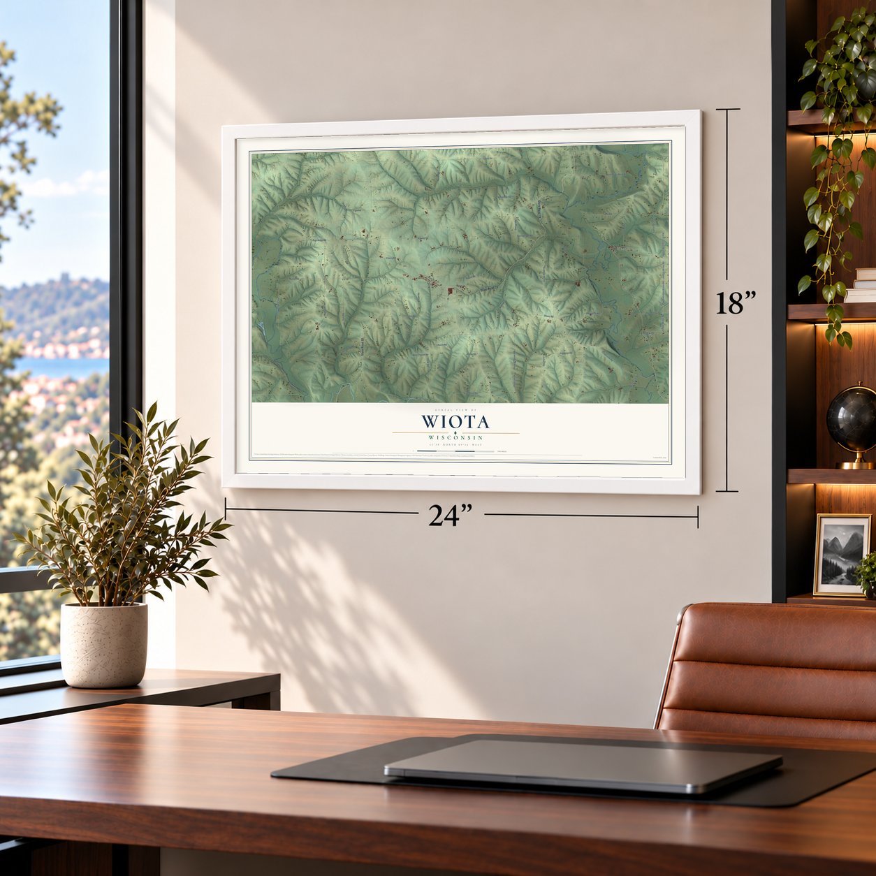 Wiota, Wisconsin map, 18 x 24 inch print in a white frame in a home office