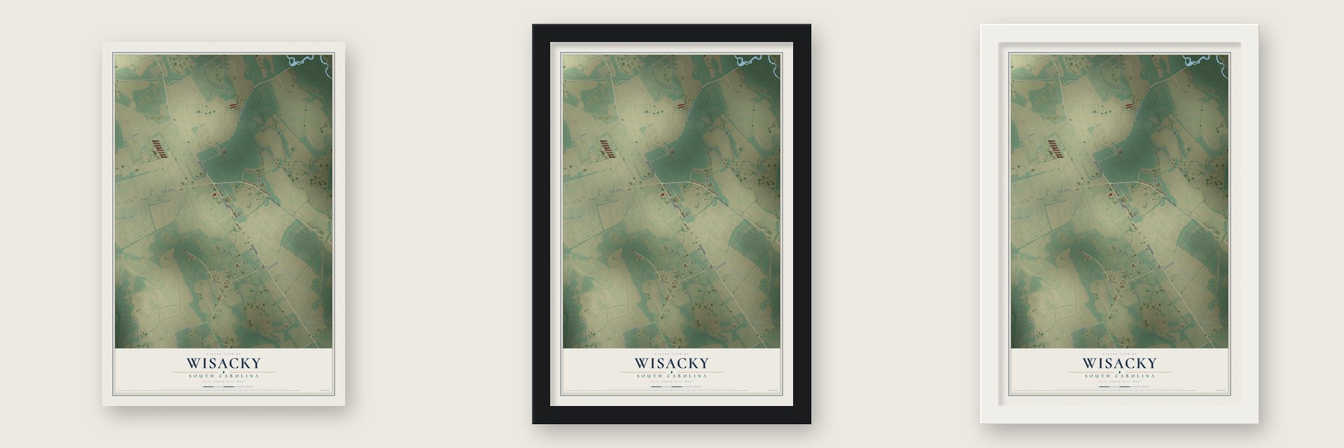 Wisacky, South Carolina map unframed, in a black wood frame and in a white wood frame
