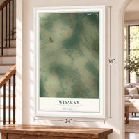 Wisacky, South Carolina map, 24 x 36 inch print in a white frame by a staircase