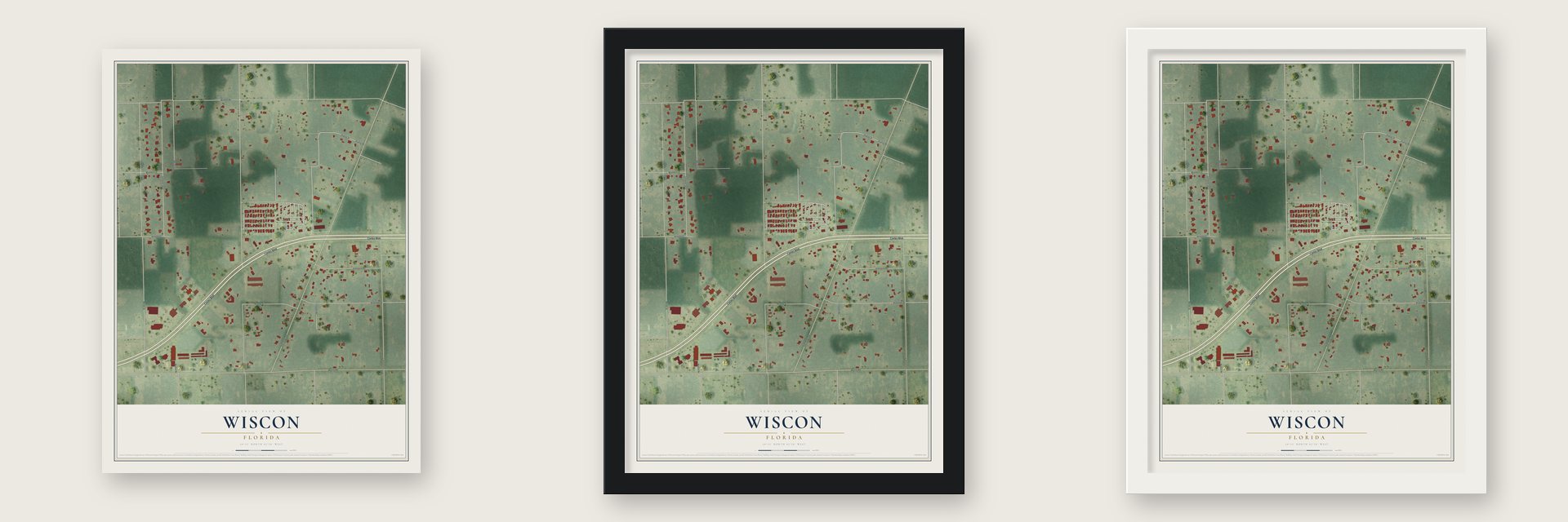 Wiscon, Florida map unframed, in a black wood frame and in a white wood frame