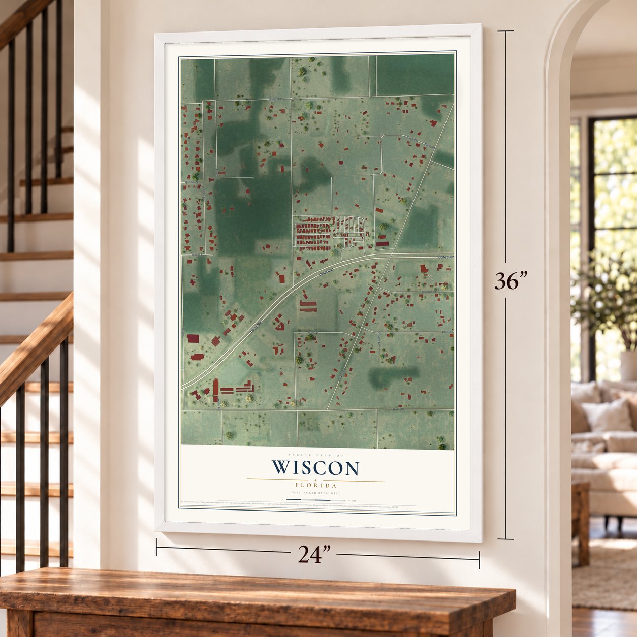 Wiscon, Florida map, 24 x 36 inch print in a white frame by a staircase