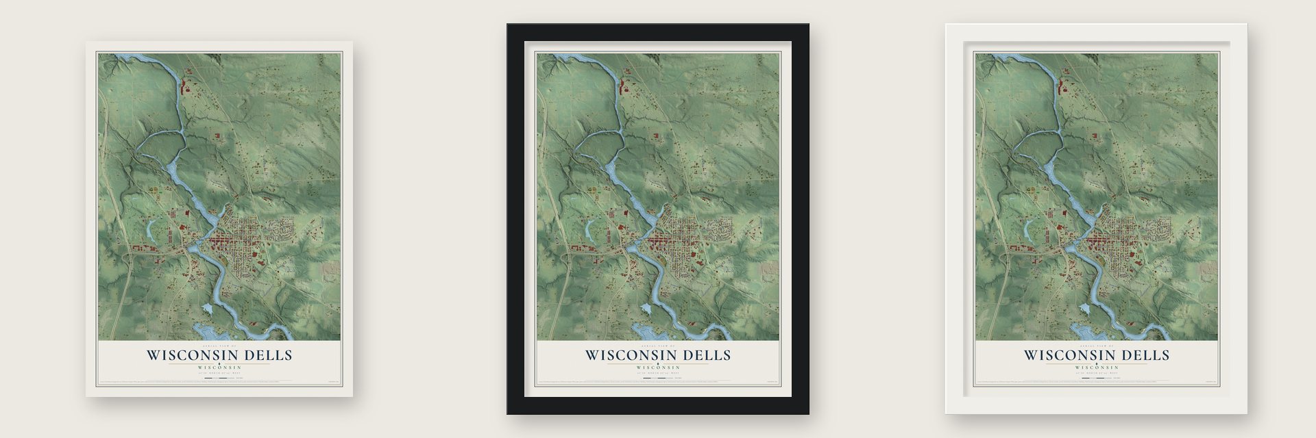 Wisconsin Dells, Wisconsin map unframed, in a black wood frame and in a white wood frame