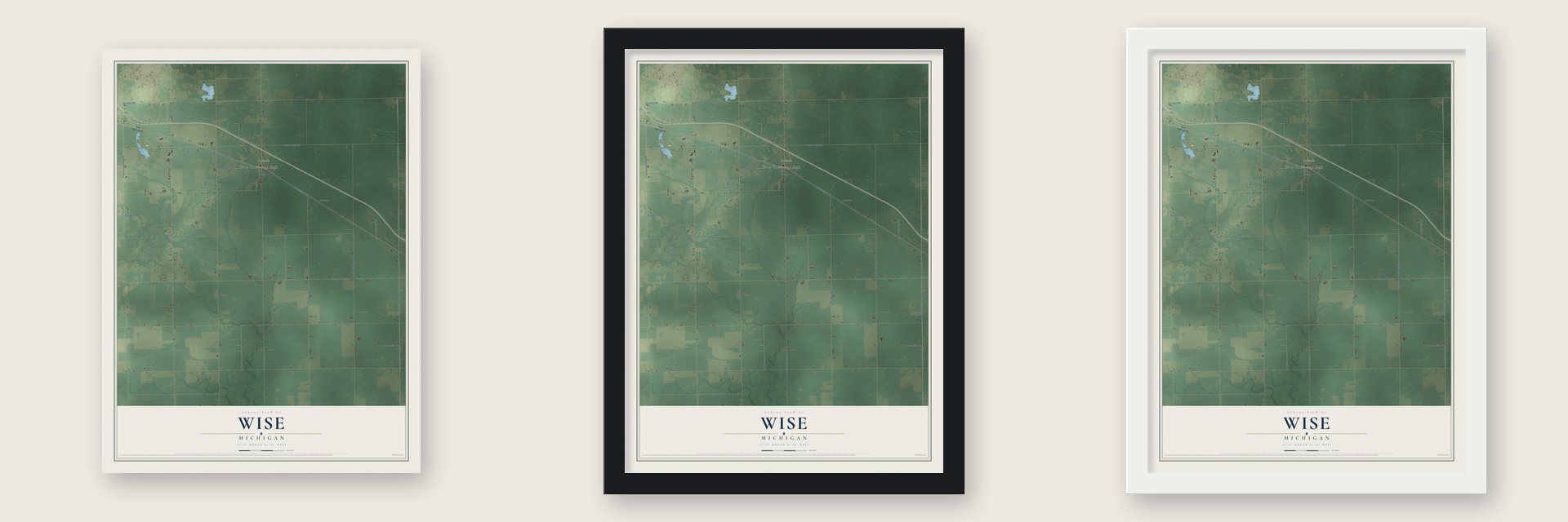 Wise, Michigan map unframed, in a black wood frame and in a white wood frame
