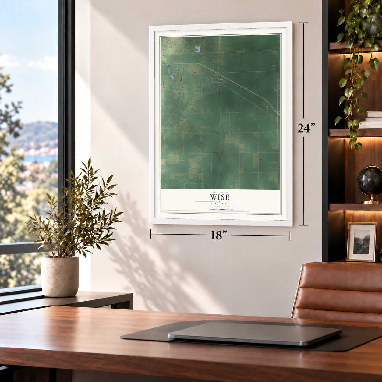 Wise, Michigan map, 18 x 24 inch print in a white frame in a home office