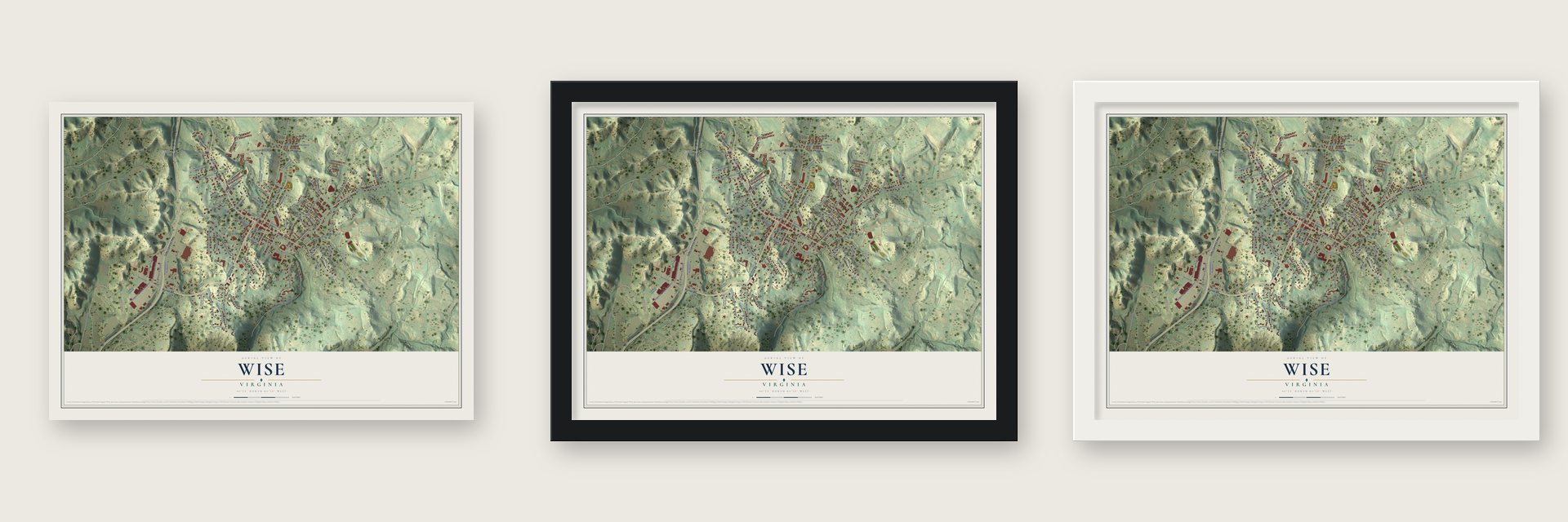 Wise, Virginia map unframed, in a black wood frame and in a white wood frame