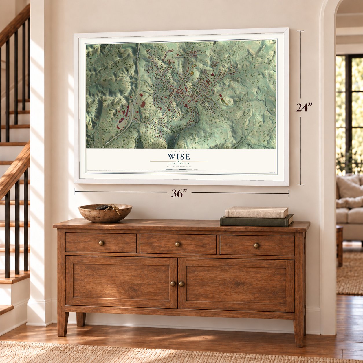 Wise, Virginia map, 24 x 36 inch print in a white frame above a dresser by a staircase