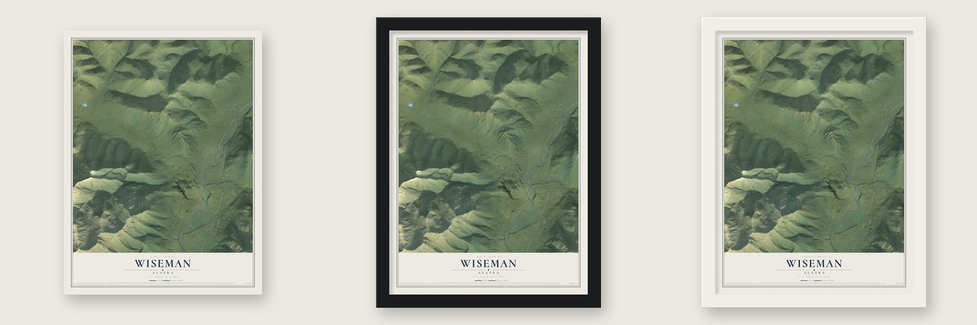 Wiseman, Alaska map unframed, in a black wood frame and in a white wood frame