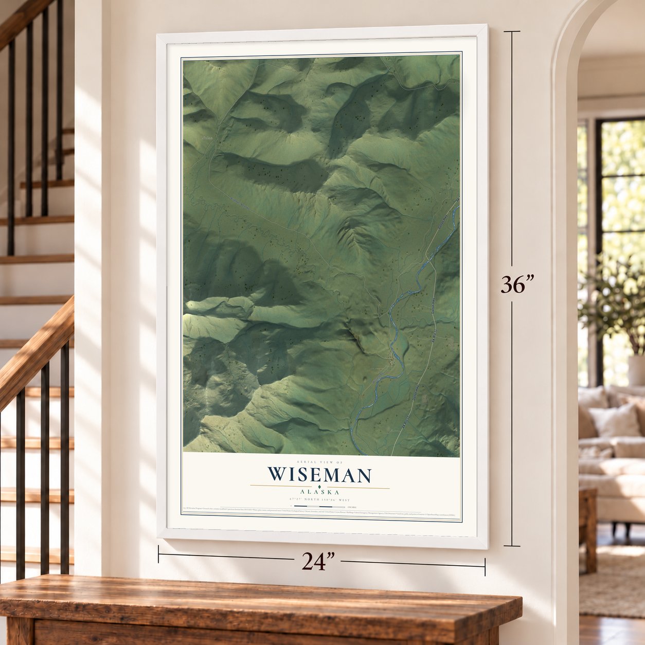 Wiseman, Alaska map, 24 x 36 inch print in a white frame by a staircase