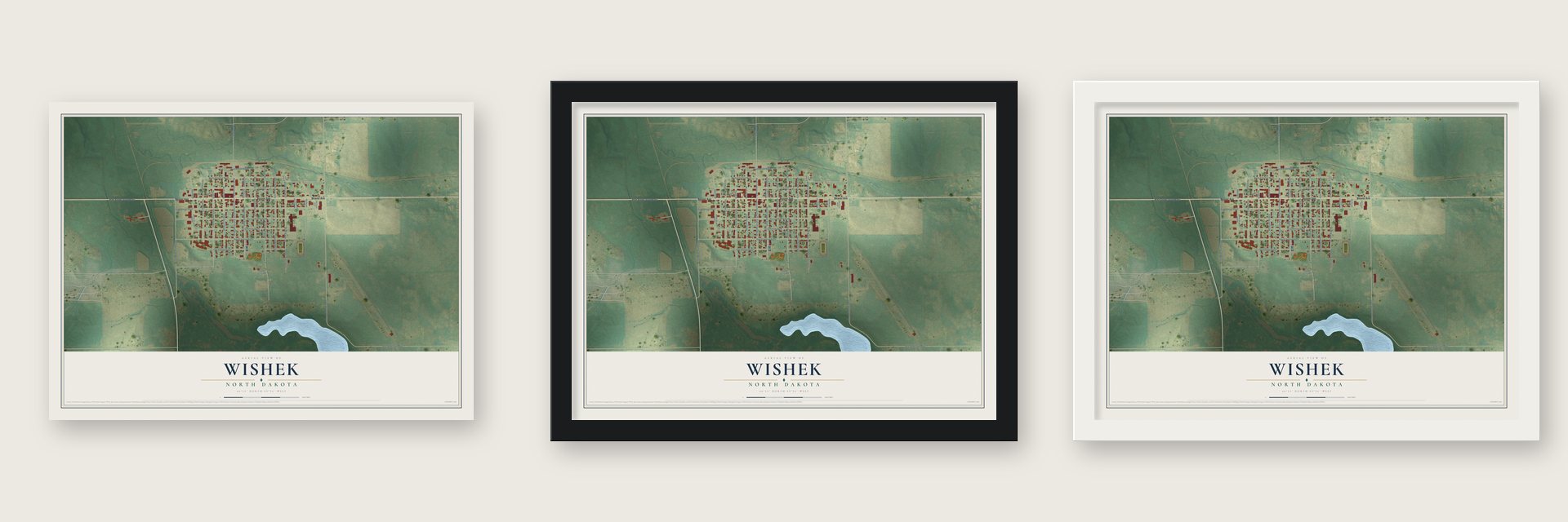 Wishek, North Dakota map unframed, in a black wood frame and in a white wood frame