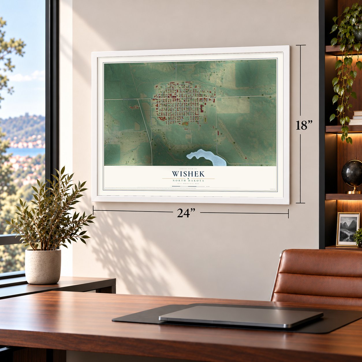 Wishek, North Dakota map, 18 x 24 inch print in a white frame in a home office