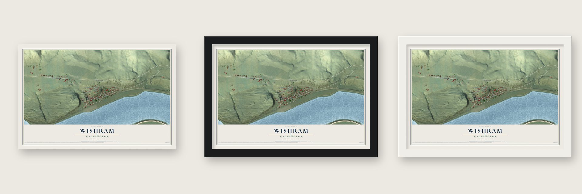 Wishram, Washington map unframed, in a black wood frame and in a white wood frame