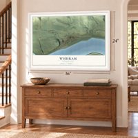 Wishram, Washington map, 24 x 36 inch print in a white frame above a dresser by a staircase