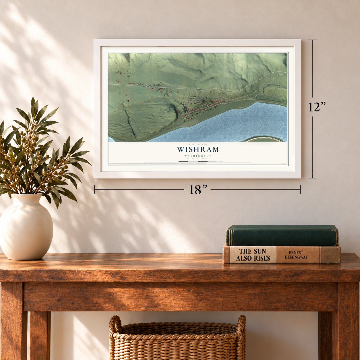 Wishram, Washington map, 12 x 18 inch print in a white frame in an entryway