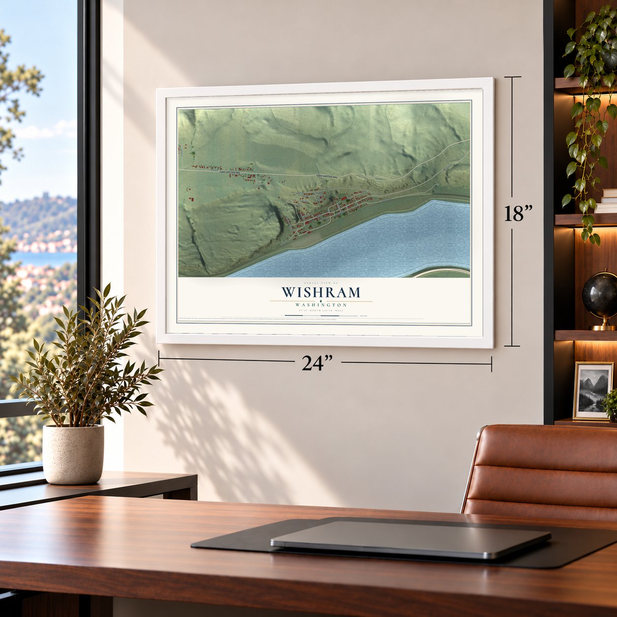 Wishram, Washington map, 18 x 24 inch print in a white frame in a home office