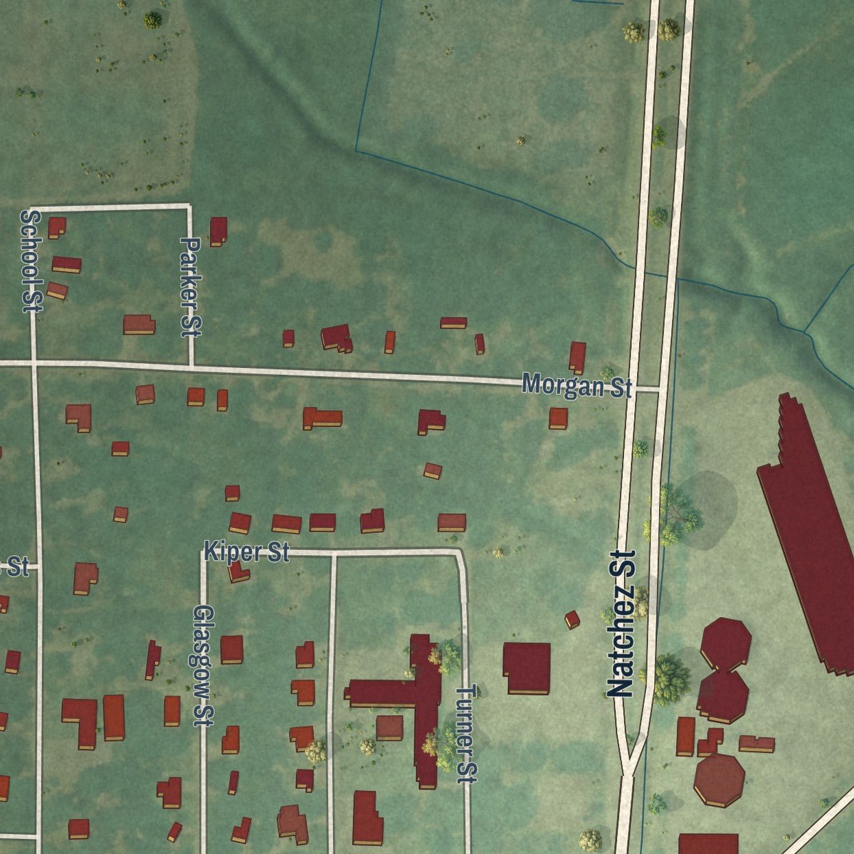 Second close-up of the map of Wisner, Louisiana print showing more streets and buildings