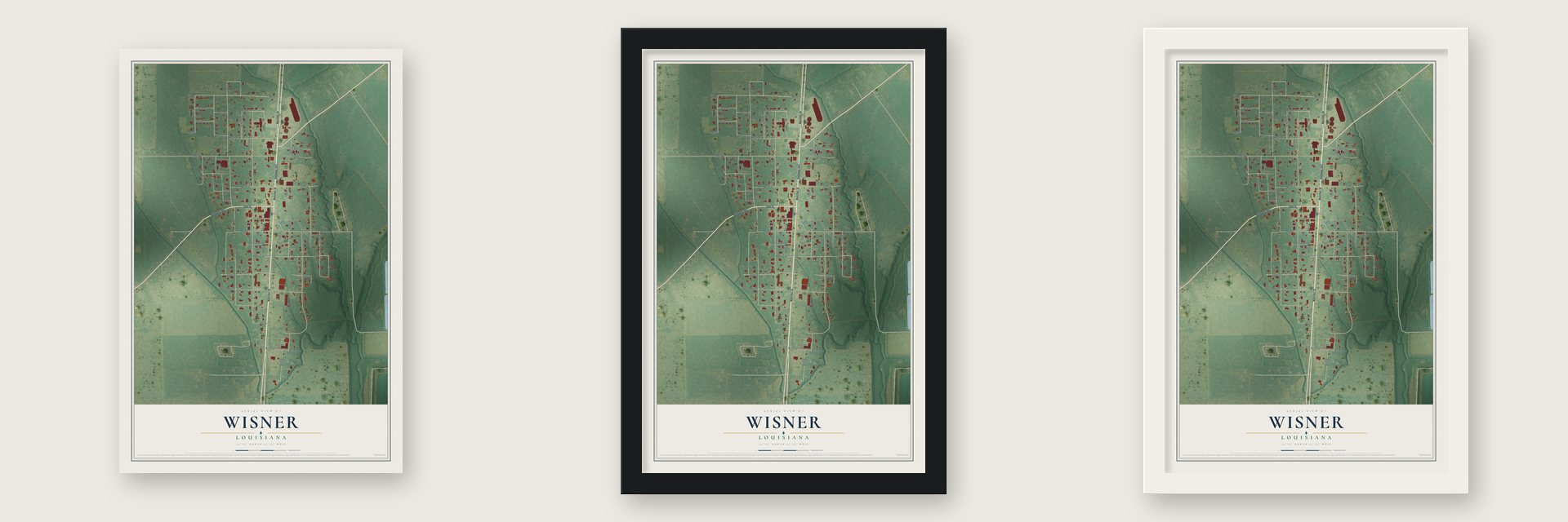 Wisner, Louisiana map unframed, in a black wood frame and in a white wood frame