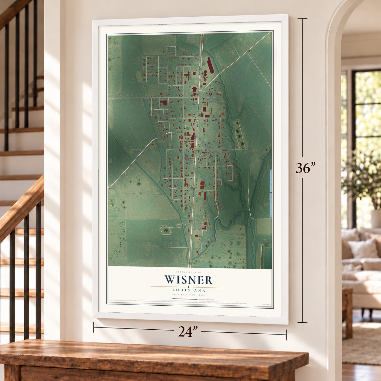 Wisner, Louisiana map, 24 x 36 inch print in a white frame by a staircase
