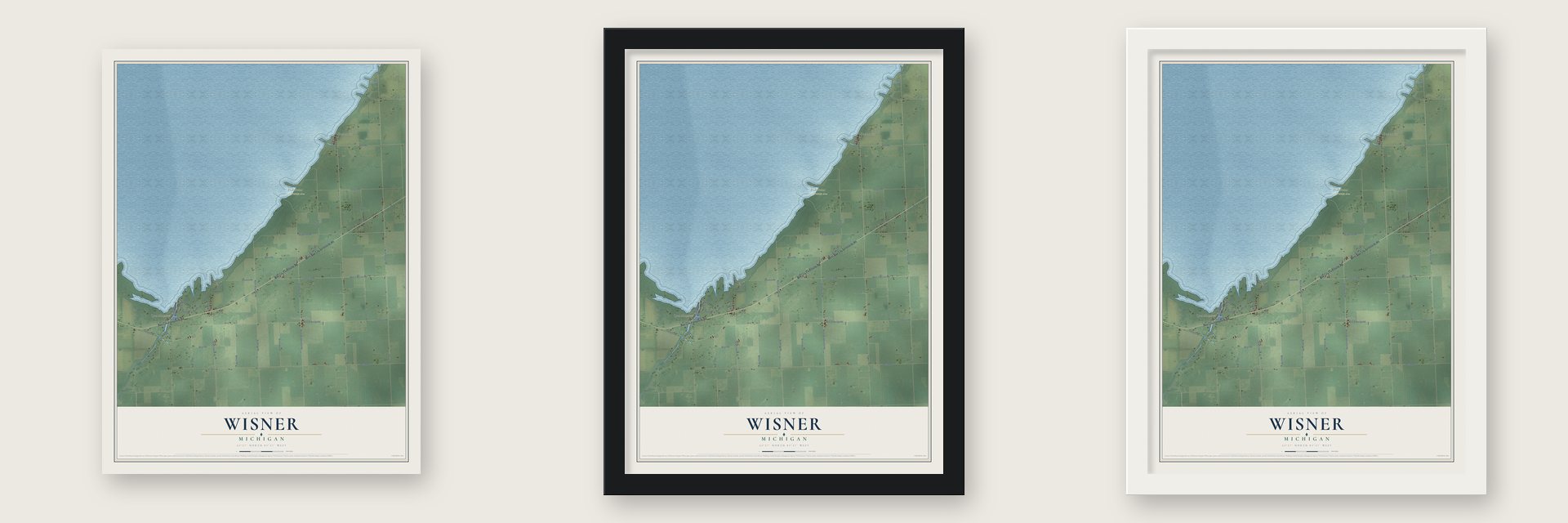 Wisner, Michigan map unframed, in a black wood frame and in a white wood frame