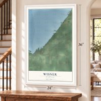 Wisner, Michigan map, 24 x 36 inch print in a white frame by a staircase