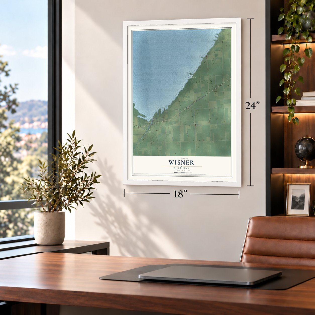 Wisner, Michigan map, 18 x 24 inch print in a white frame in a home office