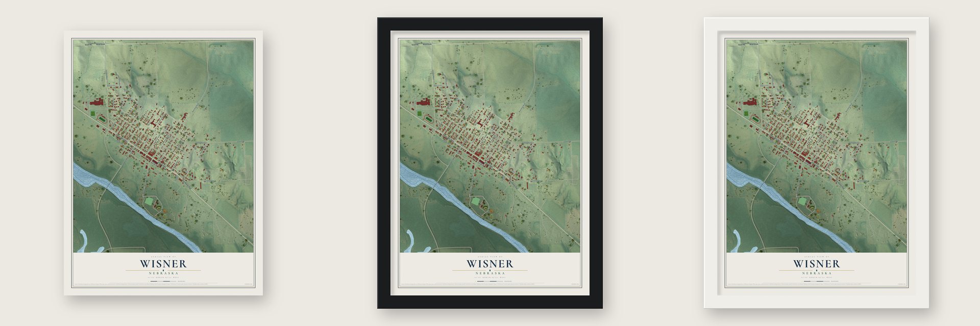 Wisner, Nebraska map unframed, in a black wood frame and in a white wood frame