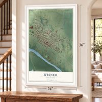 Wisner, Nebraska map, 24 x 36 inch print in a white frame by a staircase