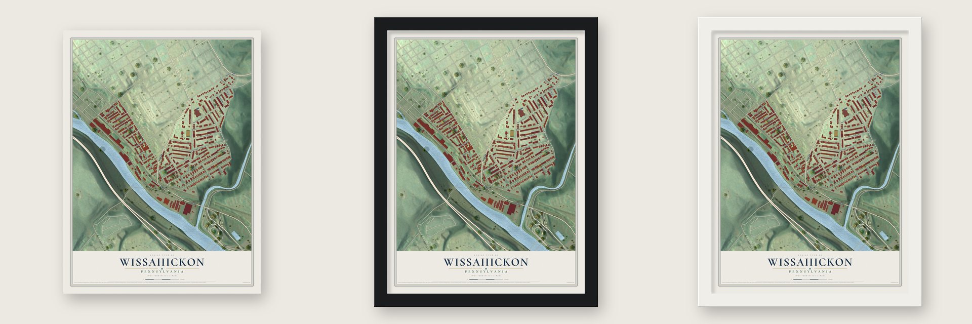 Wissahickon, Pennsylvania map unframed, in a black wood frame and in a white wood frame