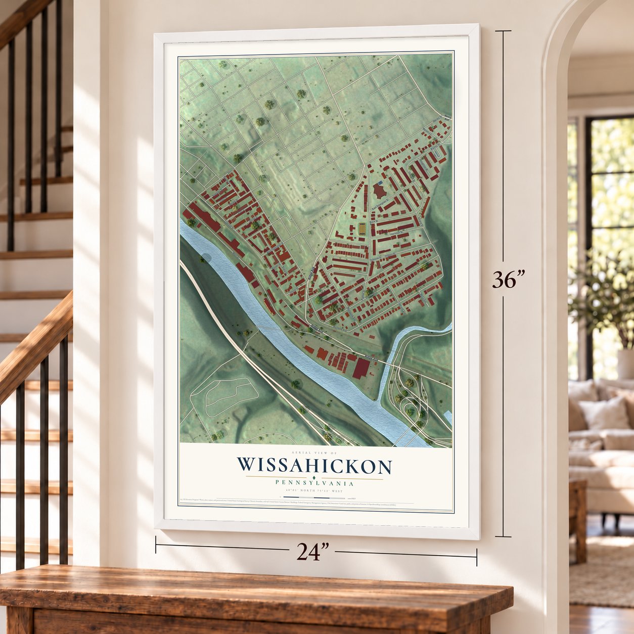Wissahickon, Pennsylvania map, 24 x 36 inch print in a white frame by a staircase