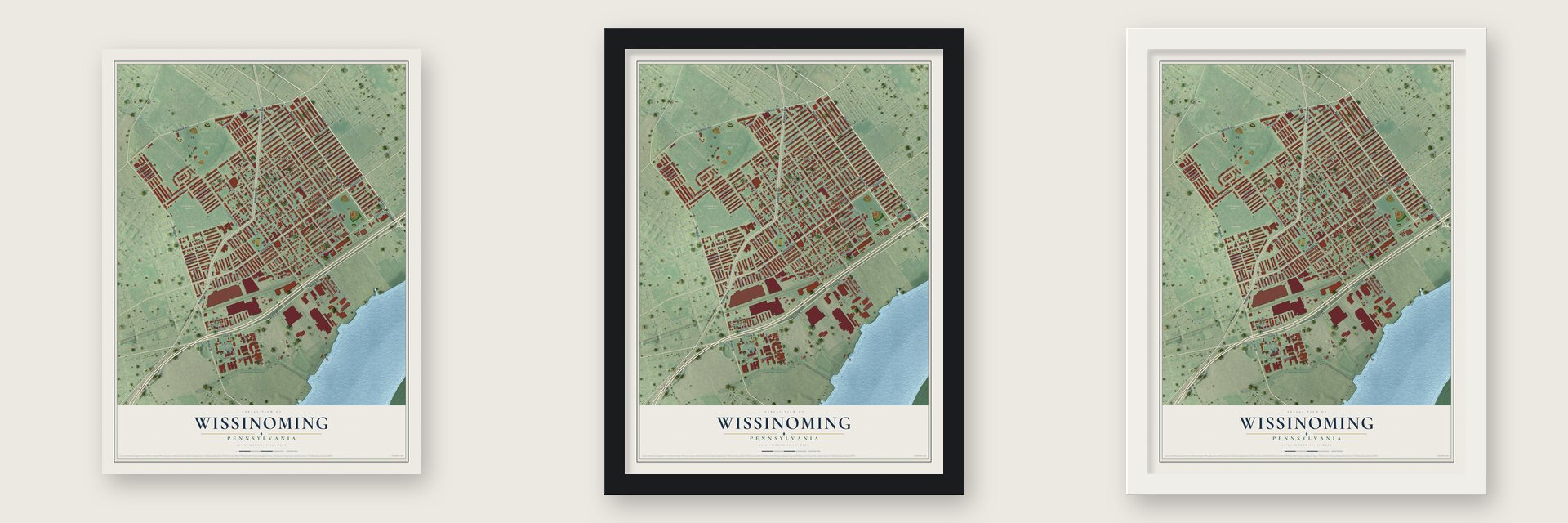 Wissinoming, Pennsylvania map unframed, in a black wood frame and in a white wood frame