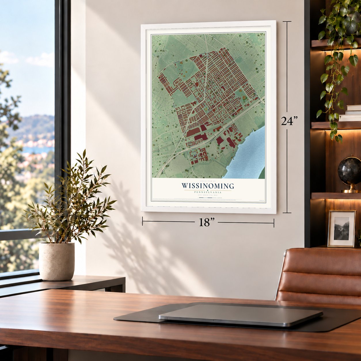 Wissinoming, Pennsylvania map, 18 x 24 inch print in a white frame in a home office