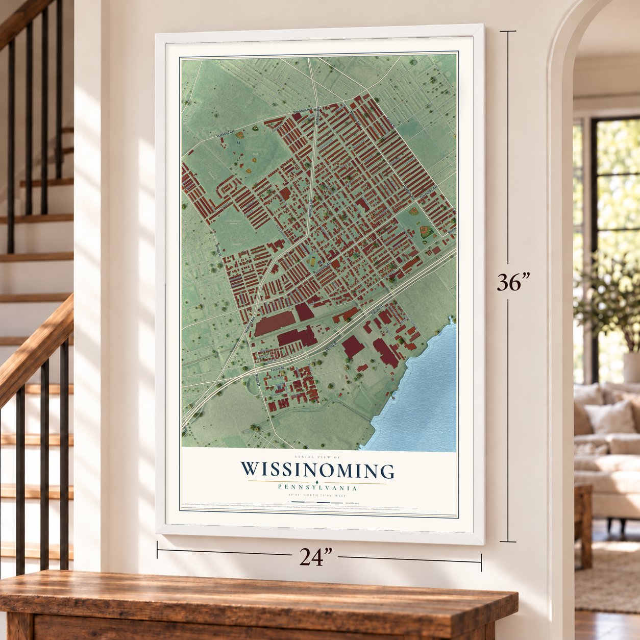 Wissinoming, Pennsylvania map, 24 x 36 inch print in a white frame by a staircase