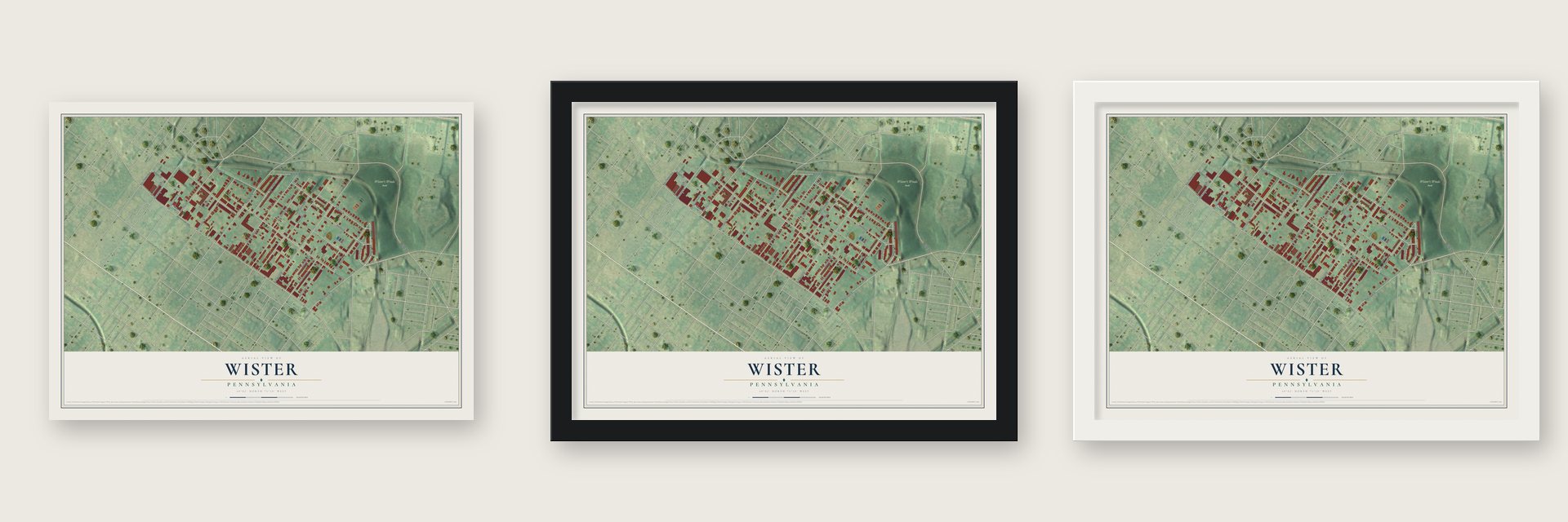 Wister, Pennsylvania map unframed, in a black wood frame and in a white wood frame