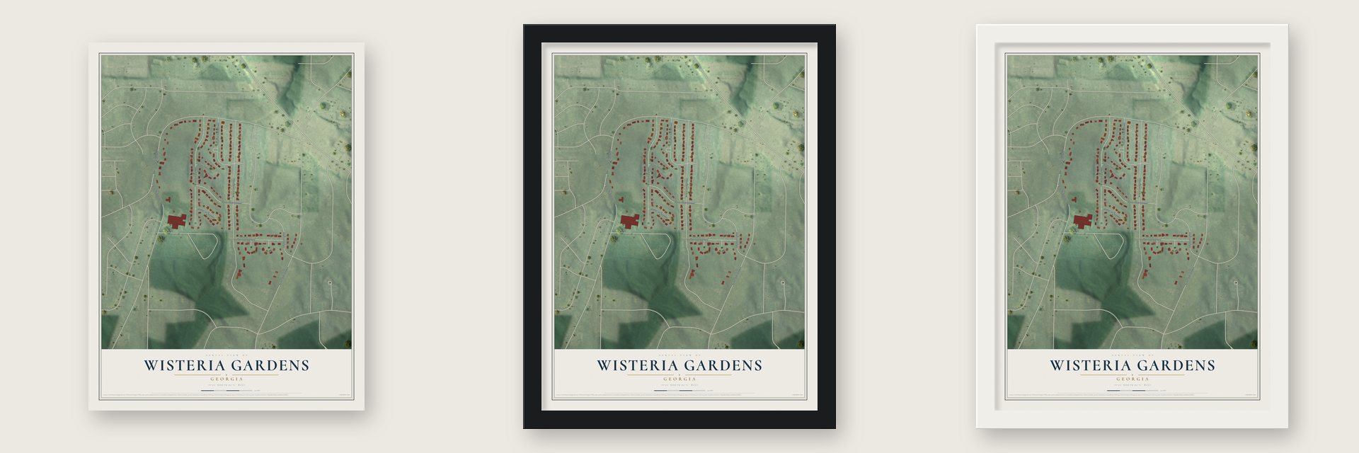 Wisteria Gardens, Georgia map unframed, in a black wood frame and in a white wood frame