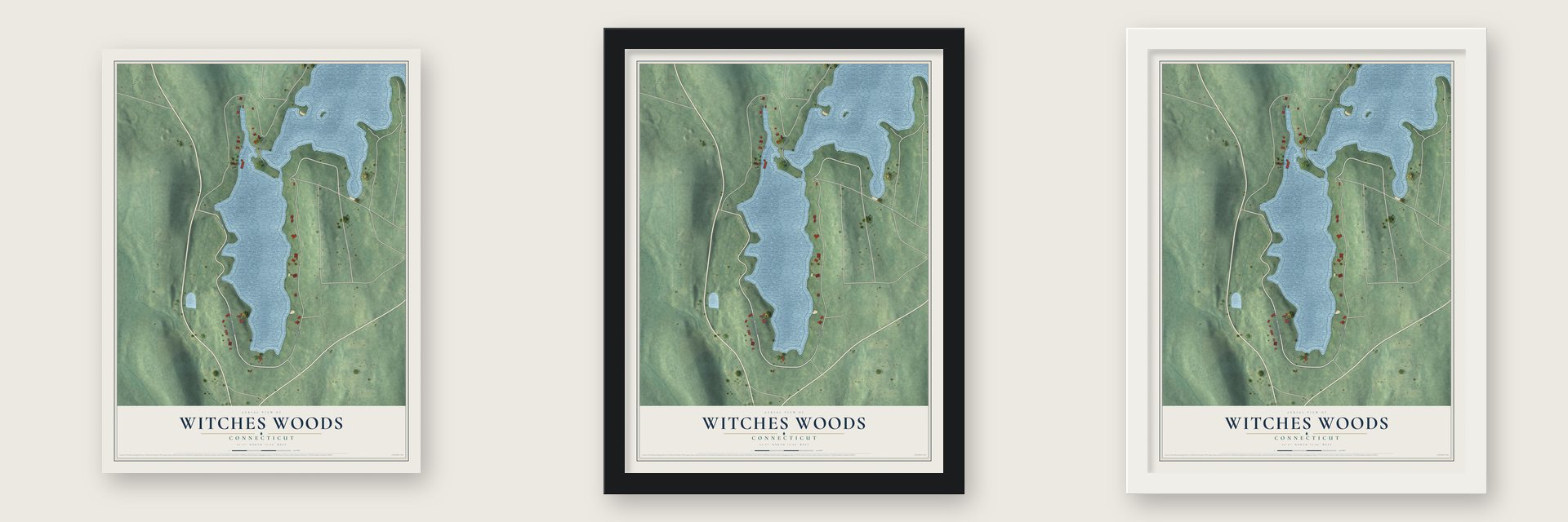 Witches Woods, Connecticut map unframed, in a black wood frame and in a white wood frame