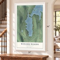 Witches Woods, Connecticut map, 24 x 36 inch print in a white frame by a staircase