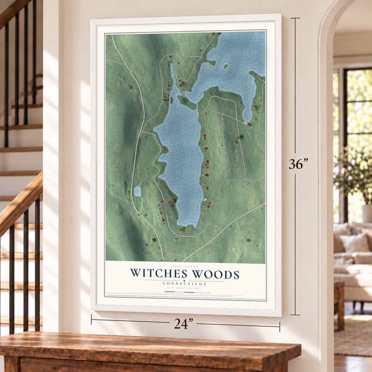 Witches Woods, Connecticut map, 24 x 36 inch print in a white frame by a staircase