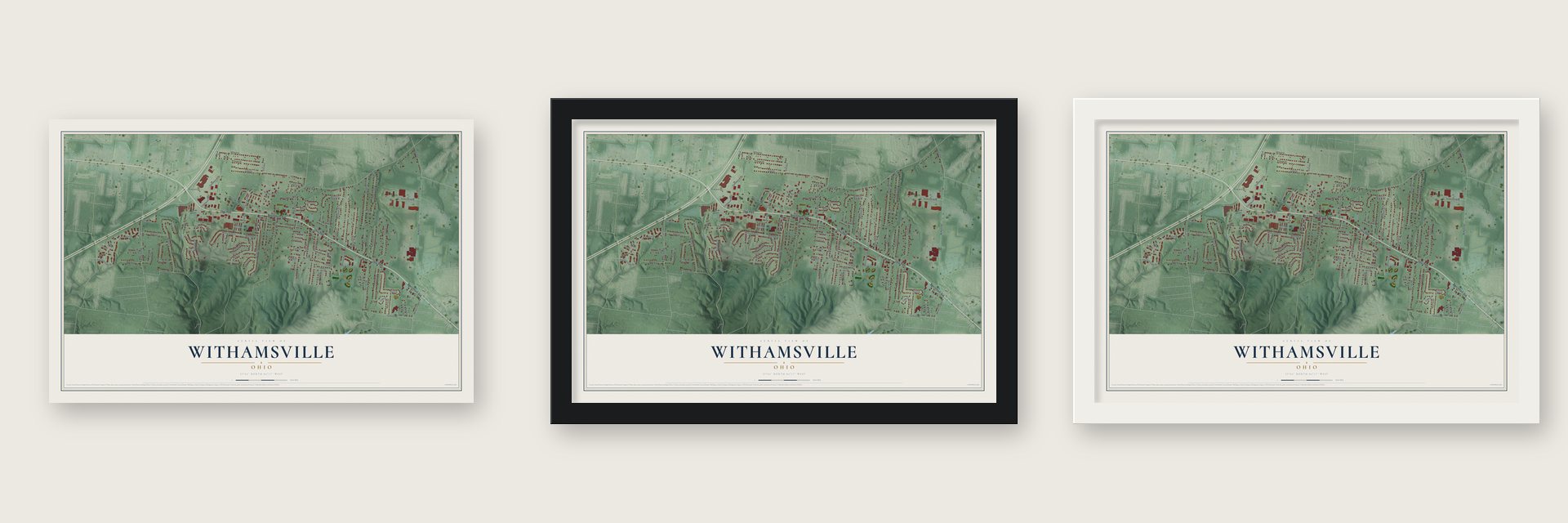 Withamsville, Ohio map unframed, in a black wood frame and in a white wood frame