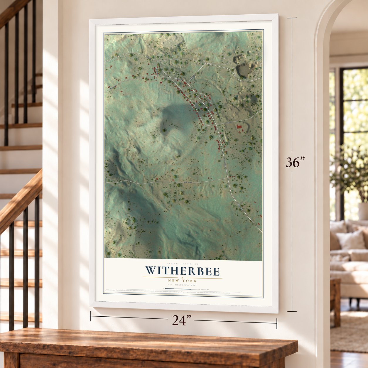 Witherbee, New York map, 24 x 36 inch print in a white frame by a staircase