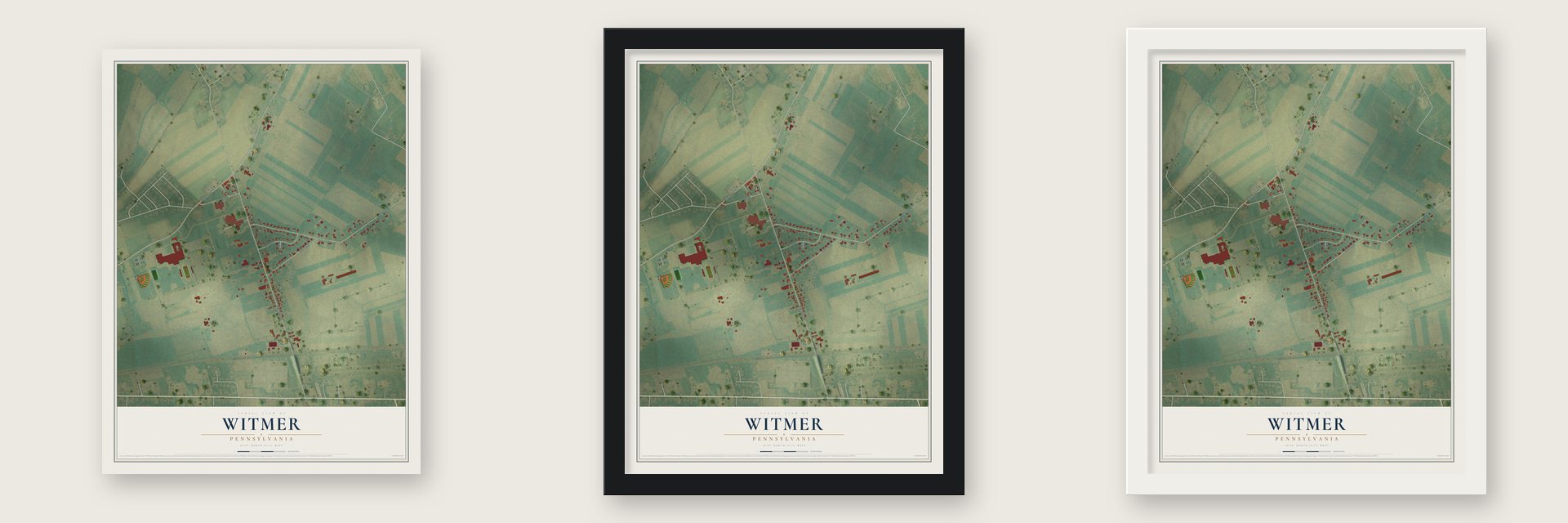 Witmer, Pennsylvania map unframed, in a black wood frame and in a white wood frame
