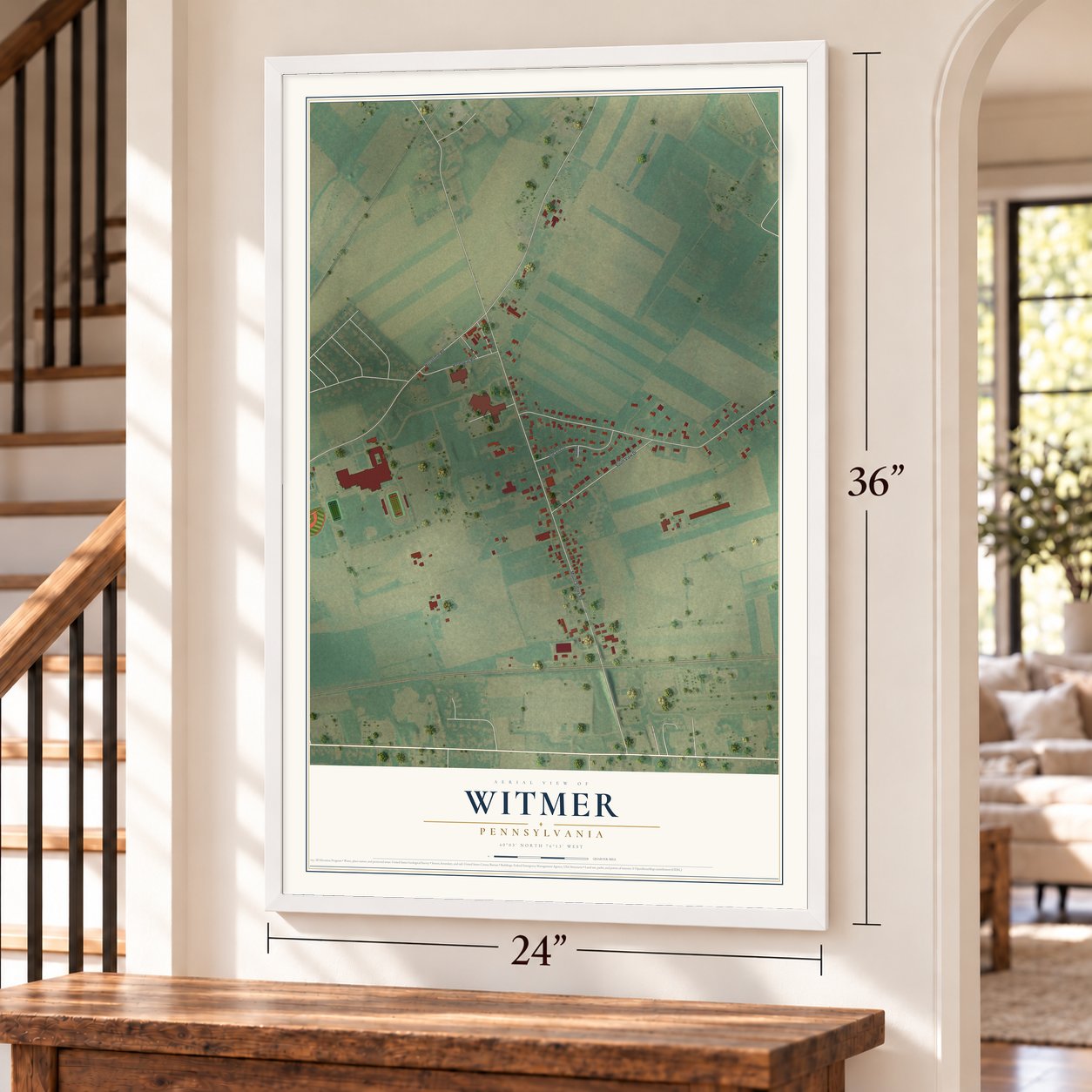 Witmer, Pennsylvania map, 24 x 36 inch print in a white frame by a staircase