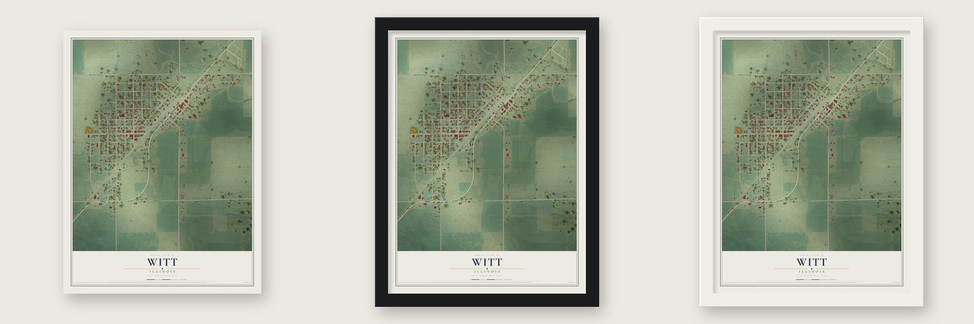 Witt, Illinois map unframed, in a black wood frame and in a white wood frame