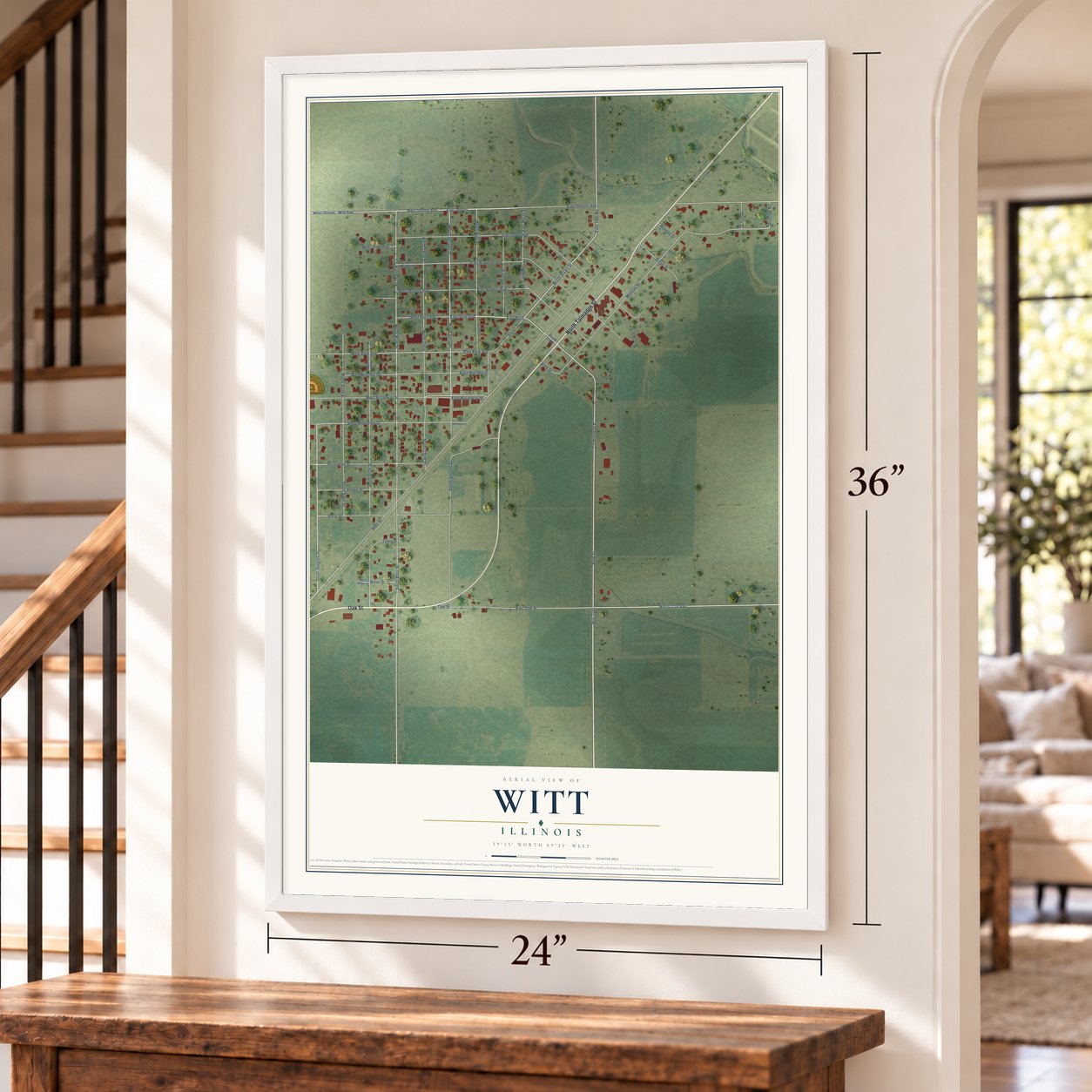 Witt, Illinois map, 24 x 36 inch print in a white frame by a staircase