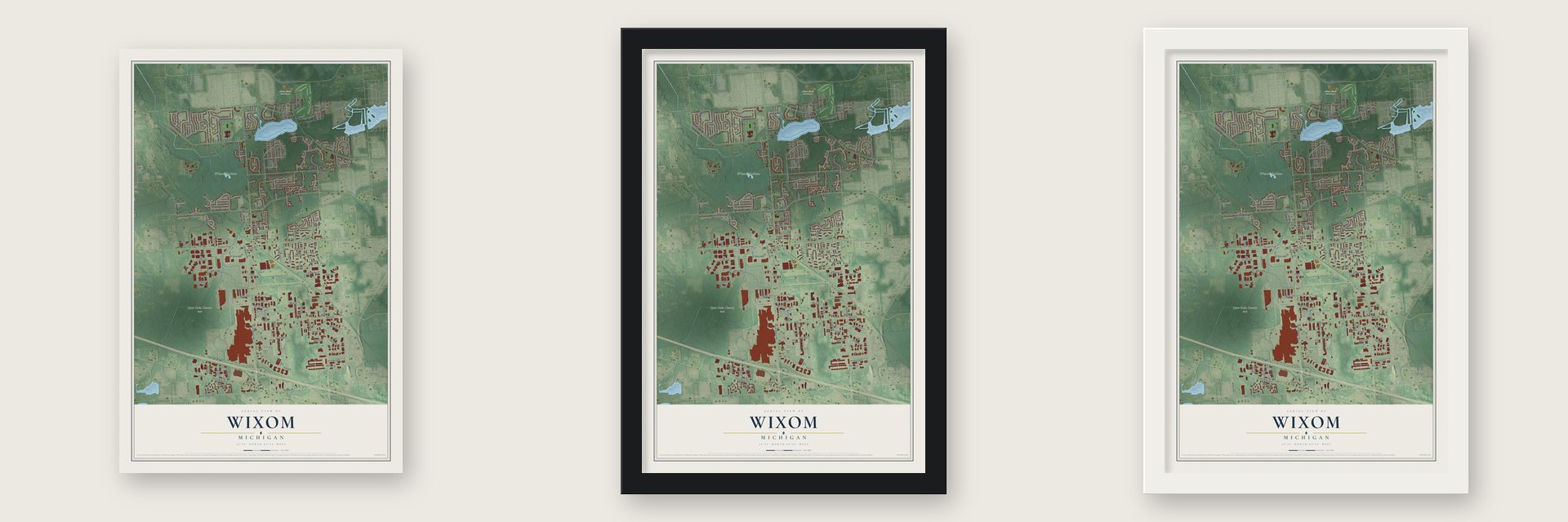 Wixom, Michigan map unframed, in a black wood frame and in a white wood frame
